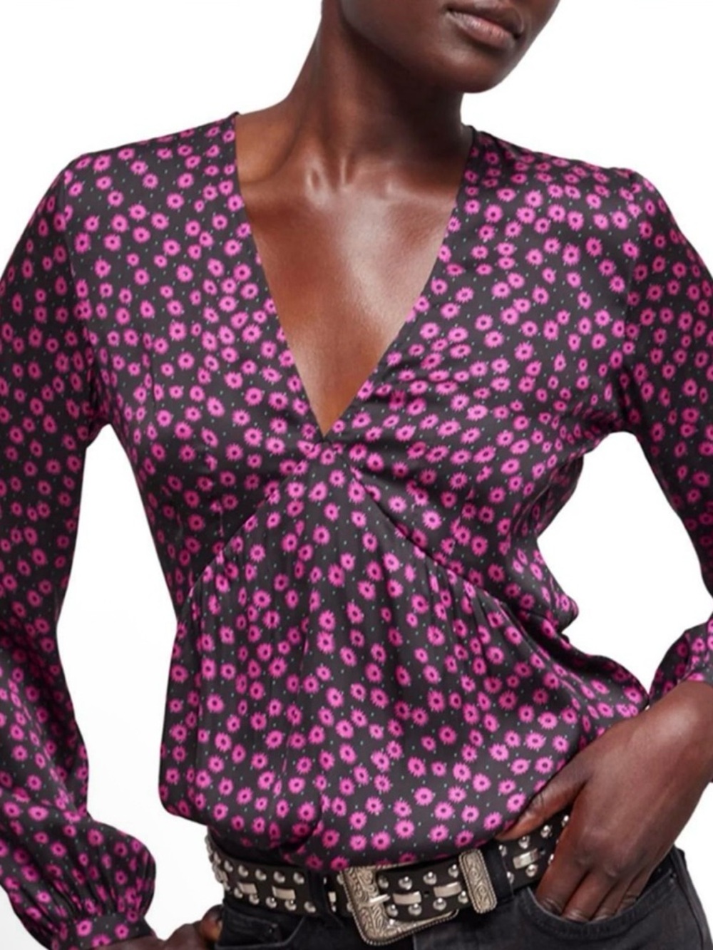 The Kooples Black Blouse with Fuchsia Floral Daisy dots - XS